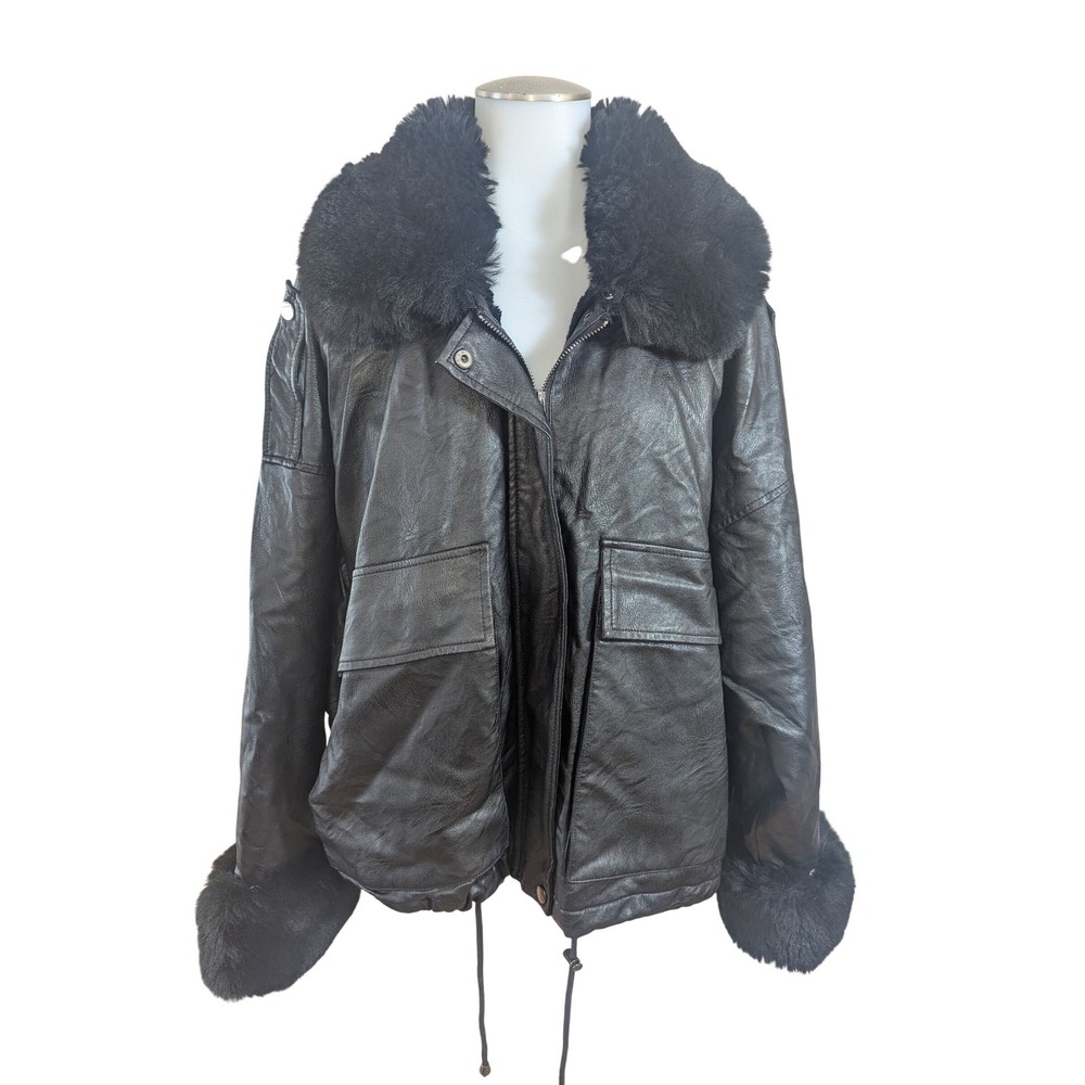 Sheline Paris Faux Leather Faux Fur Trim Bomber Jacket Black Oversized‎ Sz III